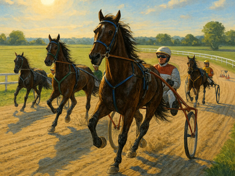 En grafisk illustration af travheste der traener paa en oval bane i morgensol. Hestene er spaendt for 1 800x600 1