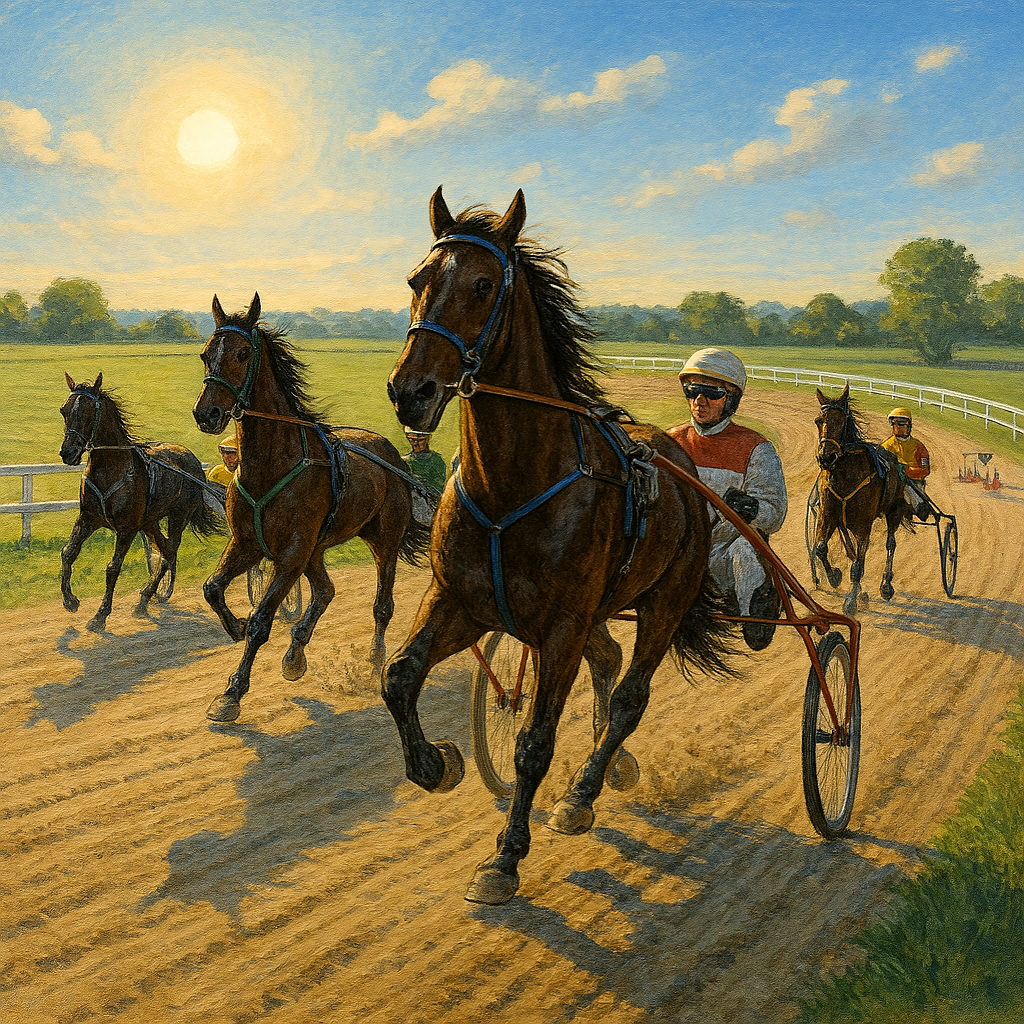 En grafisk illustration af travheste der traener paa en oval bane i morgensol. Hestene er spaendt for 1