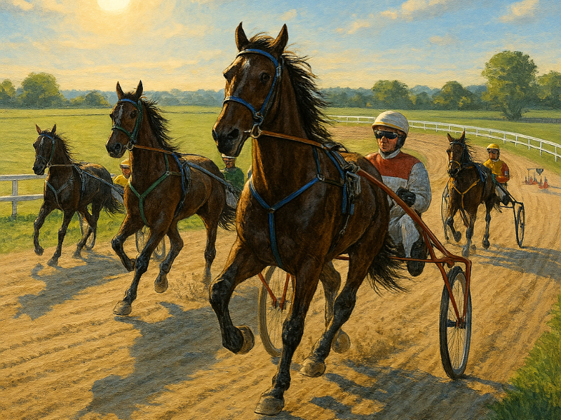 En grafisk illustration af travheste der traener paa en oval bane i morgensol. Hestene er spaendt for 1 800x600 1