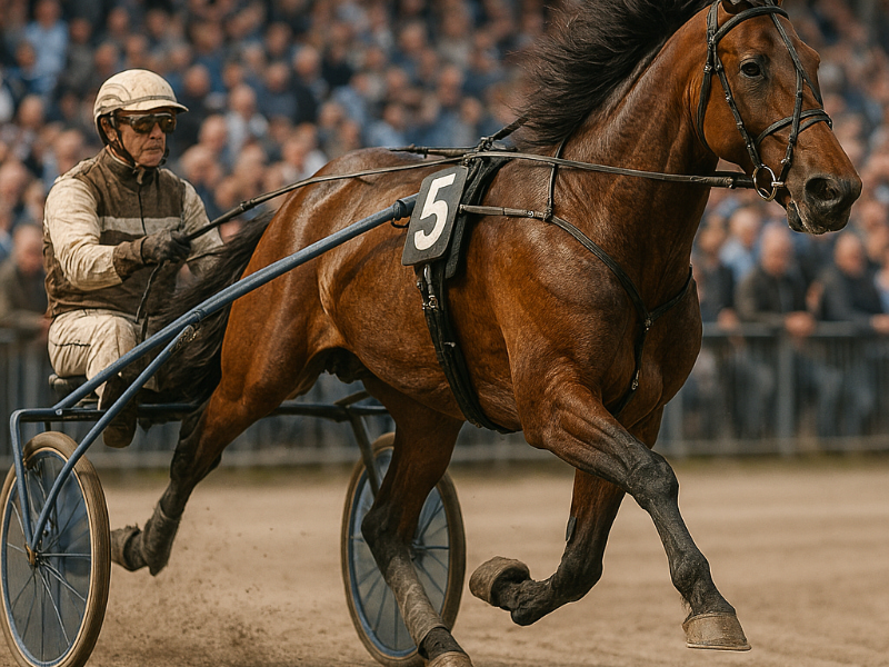 realistisk travhest med kusk i sulky travhest i fuld fart paa travbane detaljeret pels dynamisk be 800x600 1